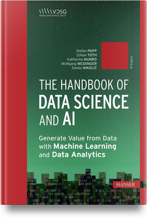 "The Handbook of Data Science and AI" in Weiß auf grünem Hintergrund, rote Details, binärer Code unten.