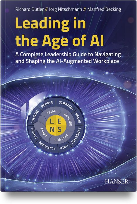 „Leading in the Age of AI“. Kreis mit Texten: „LENS“, „Strategy“, „Value“. Blau und gelb.