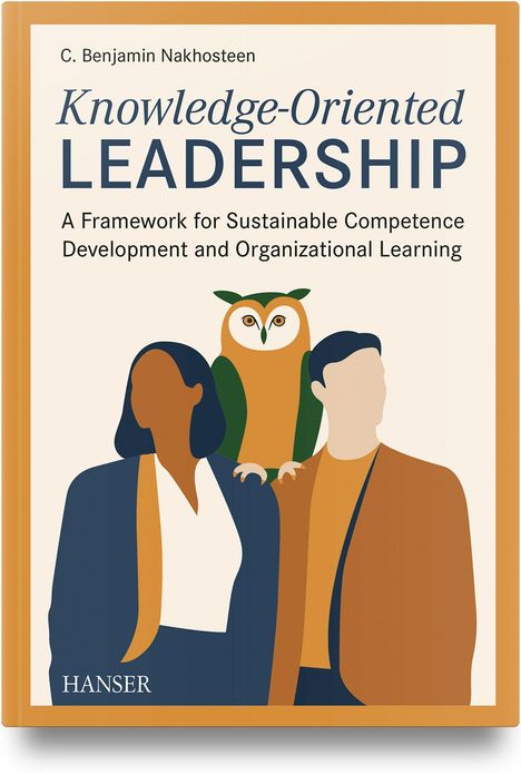 "Knowledge-Oriented Leadership" in Blau, darunter "Sustainable Competence Development". Illustration von zwei Personen und einer Eule.