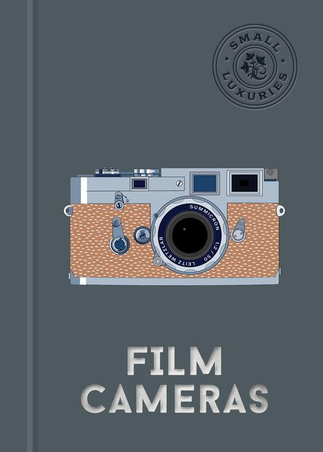 Text oben: "SMALL LUXURIES". Text unten: "FILM CAMERAS". Illustration einer klassischen Kamera.