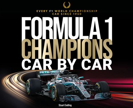 "FORMULA 1 CHAMPIONS CAR BY CAR" in großen Buchstaben, ein Rennwagen fährt schnell mit leuchtenden Streifen.