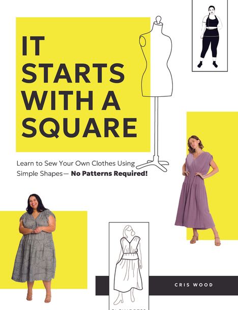 IT STARTS WITH A SQUARE. Zeichnungen, Stoffpuppe, drei Frauen in unterschiedlichen Kleidern auf weiß-gelbem Hintergrund.