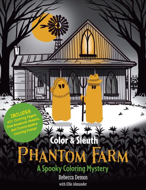 „PHANTOM FARM: A Spooky Coloring Mystery“. Zwei gelbe Geister vor einem Haus, ein Baum und eine Windmühle im Hintergrund.