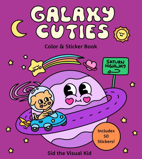„GALAXY CUTIES“, ein Mal- und Stickerbuch. Illustration eines Planeten mit Gesicht. Ein Hund fährt im Auto.