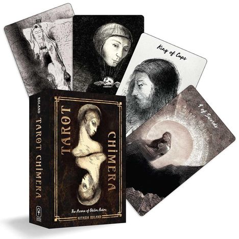 "King of Cups" und "9 of Swords". Tarot Chimera Box mit surrealen, schwarz-weißen Kartenillustrationen.