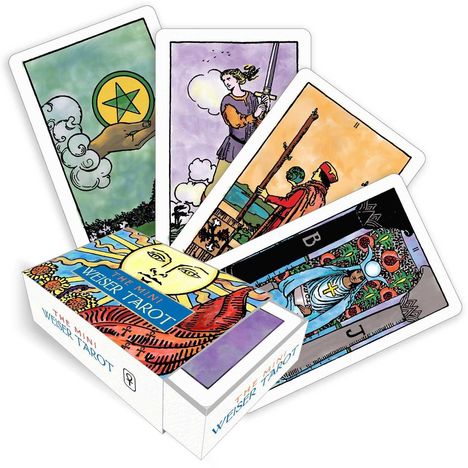 "The Mini Weiser Tarot" auf einer Kartenbox. Fünf Tarotkarten mit bunten Illustrationen, zeigen Figuren und Symbole.