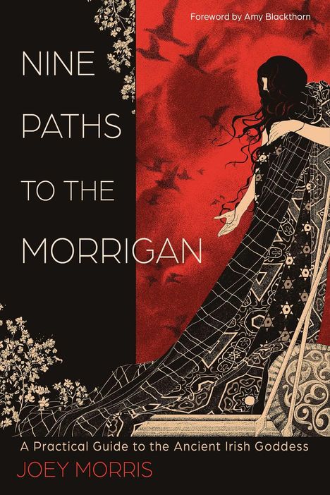 Text: „Nine Paths to the Morrigan“, „Foreword by Amy Blackthorn“. Illustration: Frau in schwarzem Umhang, rote Vögel im Hintergrund.