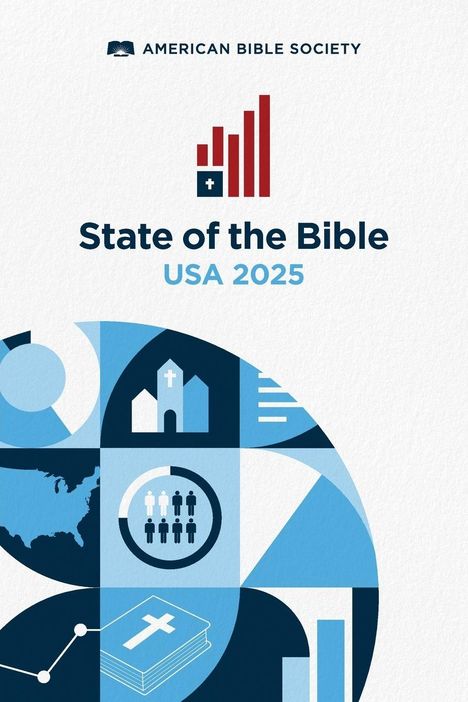 State of the Bible USA 2025. Logo oben. Illustrationen von Kirche, USA-Karte, Personen und Bibel.