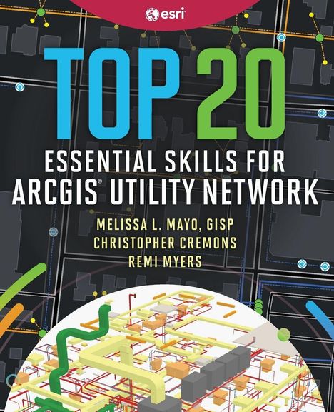 "Top 20 Essential Skills for ArcGIS Utility Network" in großen Buchstaben über technischem 3D-Netzwerkdiagramm.