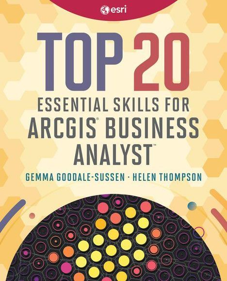 "TOP 20 Essential Skills for ArcGIS Business Analyst" steht in großen Buchstaben. Stilisiertes, buntes geometrisches Muster.