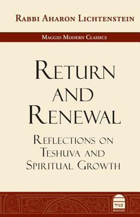 "Return and Renewal: Reflections on Teshuva and Spiritual Growth." Buchcover mit braunem Text und beige Hintergrund.