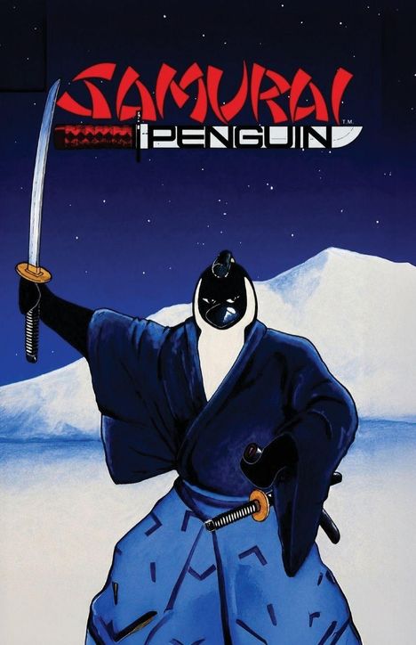 Text: "Samurai Penguin". Eine Illustration zeigt einen Pinguin im Samurai-Gewand mit erhobenem Schwert vor schneebedeckter Kulisse.