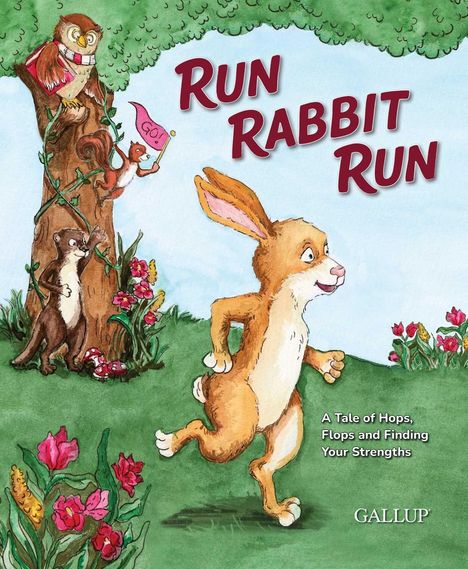 „Run Rabbit Run“ in großen, roten Buchstaben. Illustration: Ein Hase läuft; Eule, Eichhörnchen, Marder schauen zu.