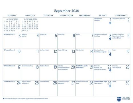 Kalender für September 2028 mit Feiertagen und besonderen Anlässen. Logo der Church Publishing unten rechts.