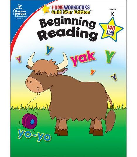 "Beginning Reading", "yak", "yo-yo". Ein Yak neben einem Jo-Jo auf grünem Gras; bunte Buchstaben schweben.