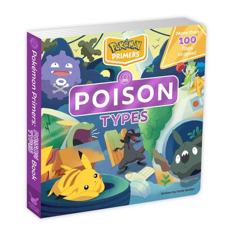 "POISON TYPES". Illustration mit Pokémon wie Pikachu, umgeben von giftigen Elementen und bunten, fröhlichen Designs.