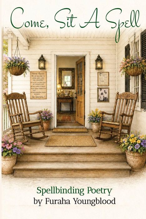 "Come, Sit A Spell", "Spellbinding Poetry by Furaha Youngblood". Illustration einer Veranda mit Schaukelstühlen und Blumen.