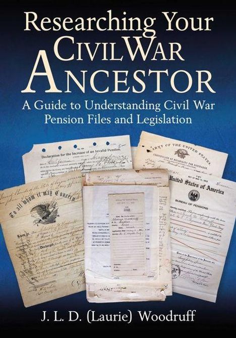 "Researching Your Civil War Ancestor" zeigt historische Dokumente unter einem blauen Hintergrund, unter anderem Briefe und Papiere.