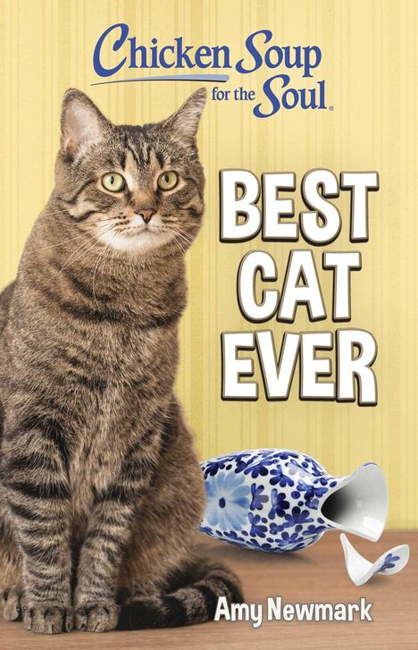 „BEST CAT EVER“ und „Amy Newmark“ stehen auf gelbem Hintergrund. Eine getigerte Katze sitzt neben einer zerbrochenen Vase.