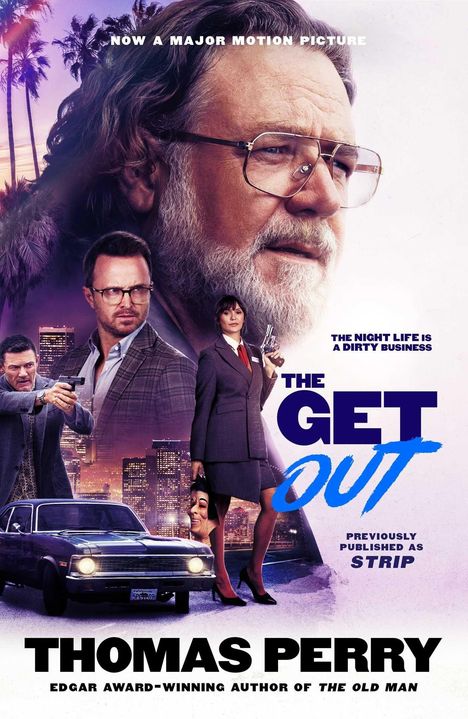 "Now a Major Motion Picture. The nightlife is a dirty business. The Get Out. Thomas Perry. Stadt bei Nacht, Personen, Auto."