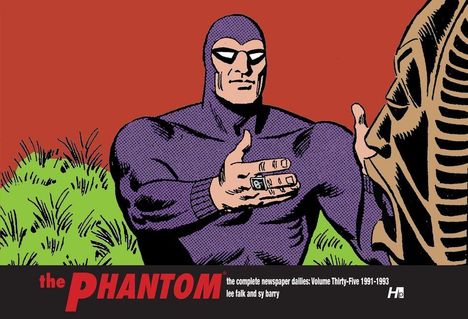 "The Phantom, Volume Thirty-Five, 1991-1993, Lee Falk, Sy Barry." Illustration: ein maskierter Mann in Lila zeigt auf einen anderen.