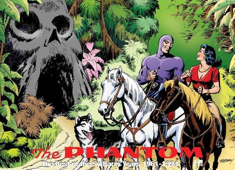"The Phantom. The Best of the S. Barry Years 1961–1994." Mann in Lila und Frau auf Pferden, begleitet von einem Hund vor einer Höhle.