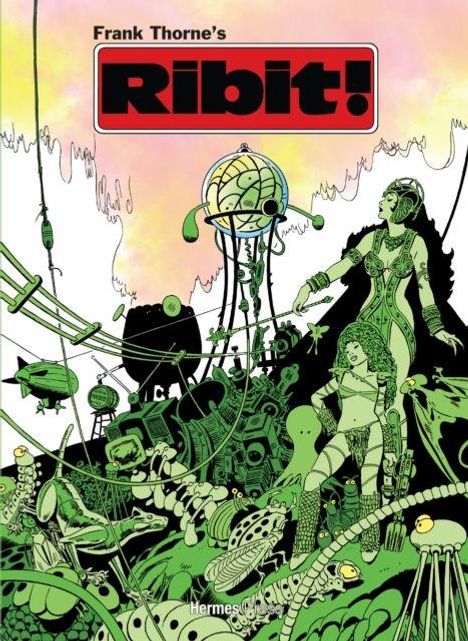 Oben steht: "Frank Thorne's Ribit!". Darunter eine futuristische Szene in Grün- und Gelbtönen mit verschiedenen Figuren und Maschinen.