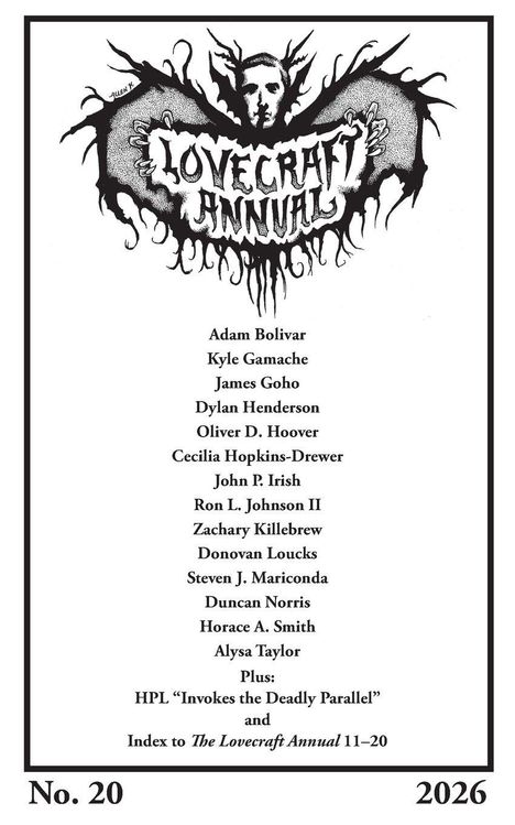 „Lovecraft Annual“ steht in einem kunstvollen Logo. Darunter sind Namen von Autoren gelistet. Unten: „No. 20“, „2026“.