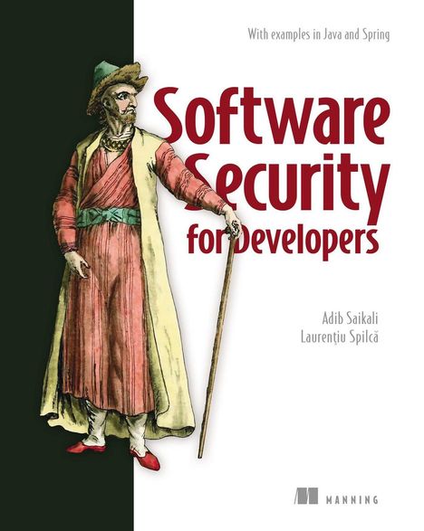"Software Security for Developers" in kräftigem Rot, daneben eine historische Figur in rotem Gewand mit Stock.