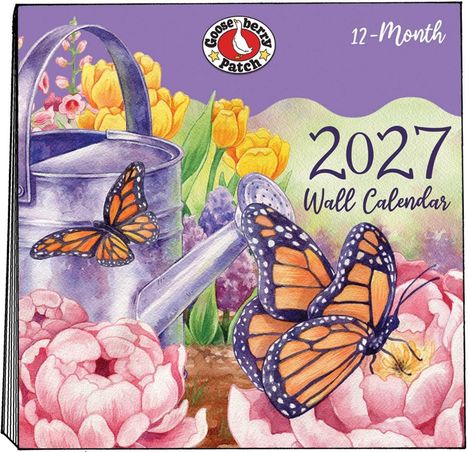 "2027 Wall Calendar" und "12-Month". Illustration: Gießkanne, Schmetterlinge, bunte Blumen. Oben ein rundes Logo.