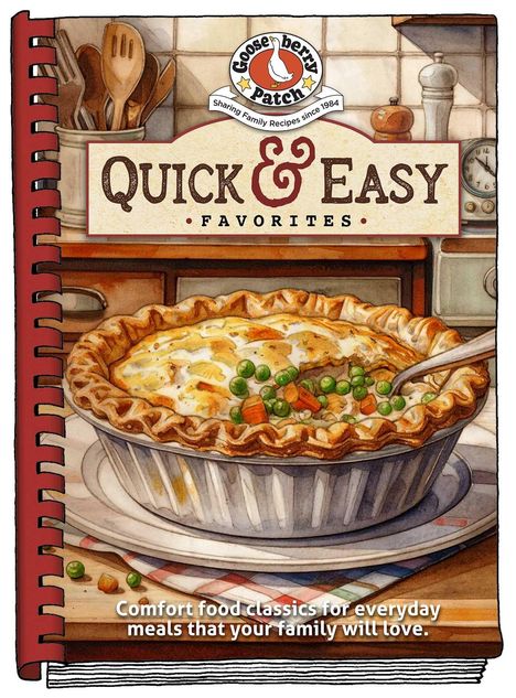 Text: "QUICK & EASY FAVORITES" und "Comfort food classics for everyday meals that your family will love."  
Illustration von einem Kuchen in einer Küche.