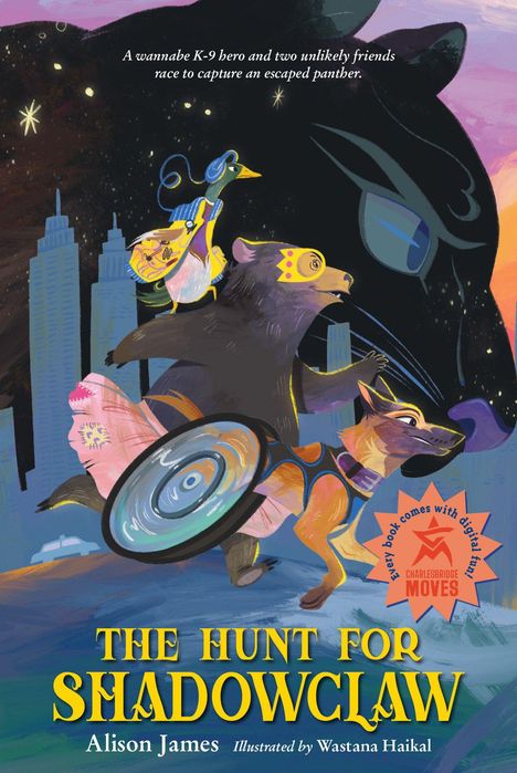 Text: „A wannabe K-9 hero and two unlikely friends race to capture an escaped panther.“ Tiere in bunten Kostümen laufen.