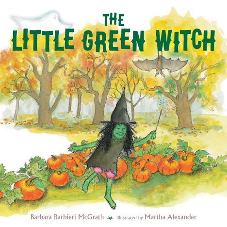 "The Little Green Witch" steht oben. Eine grüne Hexe mit Hut tanzt neben Kürbissen unter herbstlichen Bäumen.