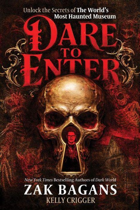 "Dare to Enter" in roter Schrift. Schädel mit Schlüsselloch zeigt ein Bild. Düsteres, detailliertes Design.