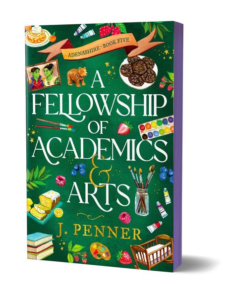 "Adenashire: Book Five. A Fellowship of Academics & Arts. J. Penner." Grünes Cover mit Malutensilien und Lebensmitteln illustrativ.
