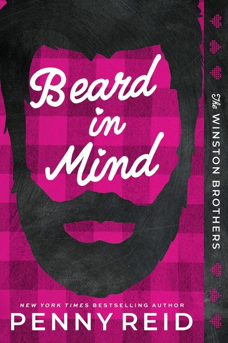 "Beard in Mind", "The Winston Brothers", "Penny Reid". Ein Bart auf pink-kariertem Hintergrund, stilisierte Darstellung.