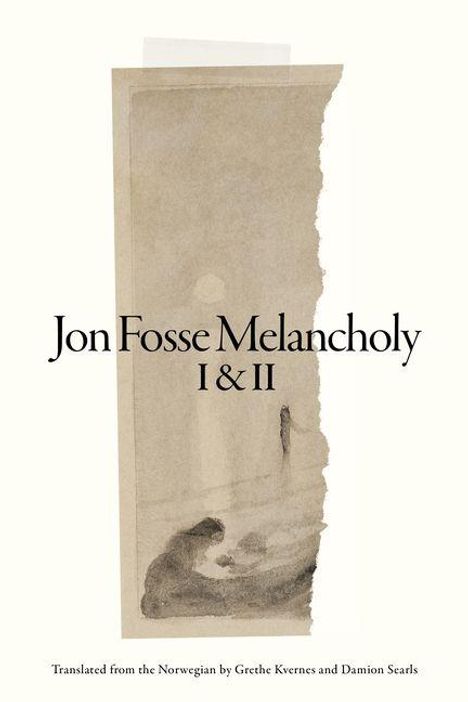 Jon Fosse Melancholy I & II. Illustration einer Figur in gedämpften Tönen, die zu einer größeren Gestalt hinaufschaut.