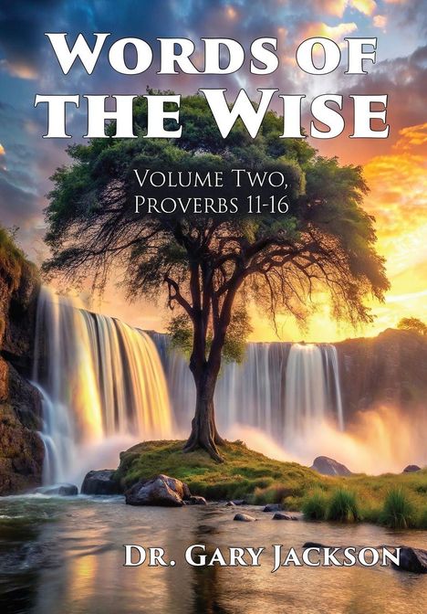 **Words of the Wise**, **Volume Two, Proverbs 11-16**, **Dr. Gary Jackson**. Ein Baum vor einem großen Wasserfall im Sonnenuntergang.