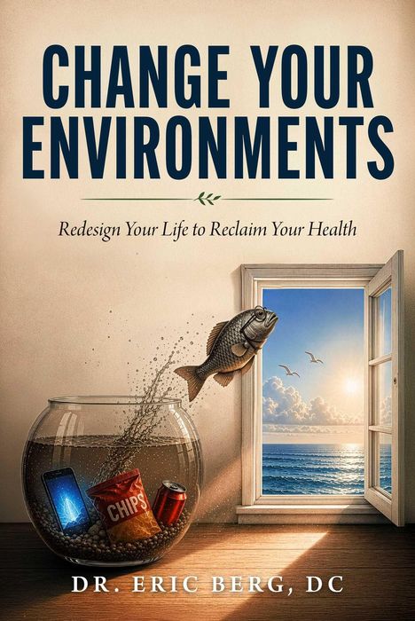 "CHANGE YOUR ENVIRONMENTS" oben. Ein Fisch springt aus einem mit Smartphone, Chips, Getränkedose gefüllten Glas zu offenem Fenster.