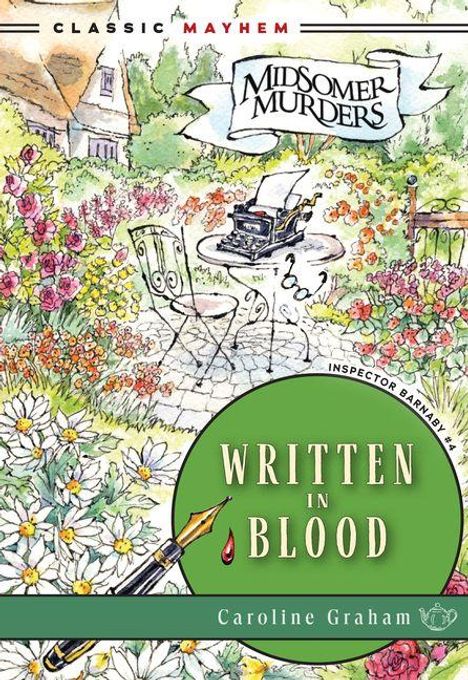"Written in Blood" und "Caroline Graham" vor einem englischen Garten mit Schreibmaschine und Blumen, Midsomer Murders Logo.