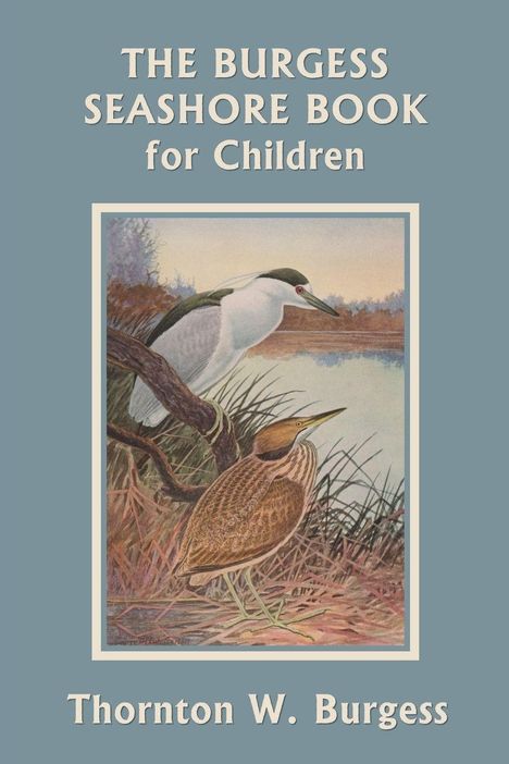 "The Burgess Seashore Book for Children" und "Thornton W. Burgess." Illustration von zwei Vögeln am Wasser.