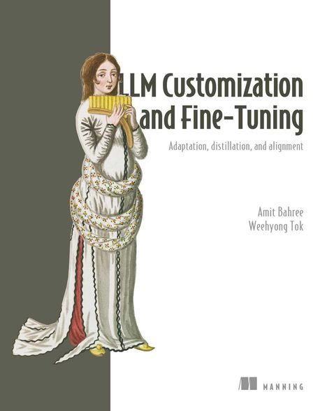Titel "LLM Customization and Fine-Tuning". Unten rechts "Amit Bahree, Weehyong Tok". Illustration: Frau mit Panflöte.