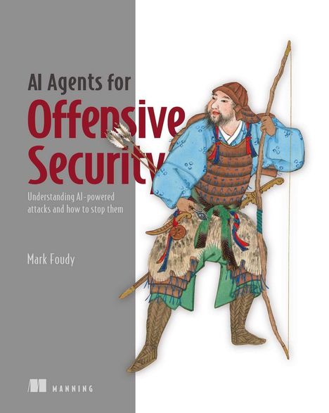 „AI Agents for Offensive Security“ in rotem und grauem Text. Illustration eines Kriegers mit Pfeil und Bogen.