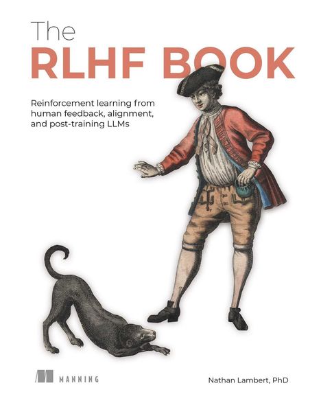Text: "The RLHF Book. Reinforcement learning from human feedback, alignment, and post-training LLMs." Illustration: Historische Person mit Hund.