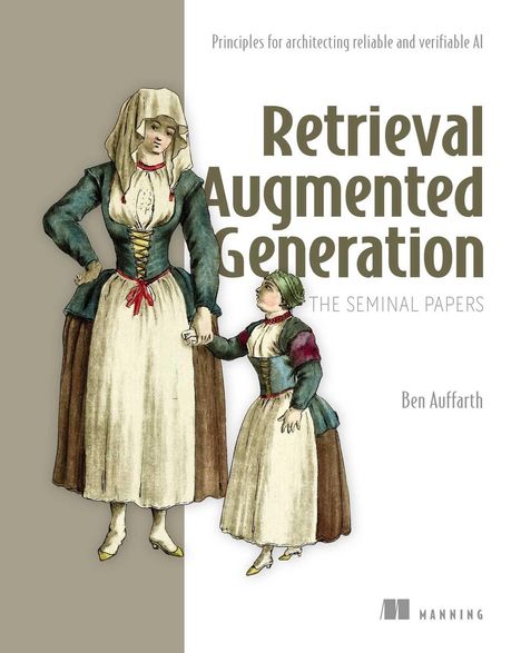 Titel: "Retrieval Augmented Generation: The Seminal Papers". Illustration von zwei Frauen in traditioneller Kleidung.