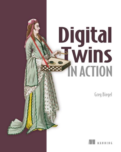 Digital Twins in Action. Greg Biegel. Illustration einer Frau in traditioneller Kleidung mit einem Tablett.