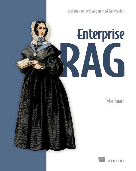 "Enterprise RAG" steht in großer Schrift. Illustration einer Frau in historischer Kleidung, die ein Buch hält.