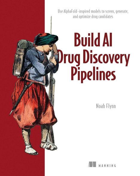 "Build AI Drug Discovery Pipelines" steht groß in der Mitte. Links eine historische Figur mit Flinte und rotem Gewand.