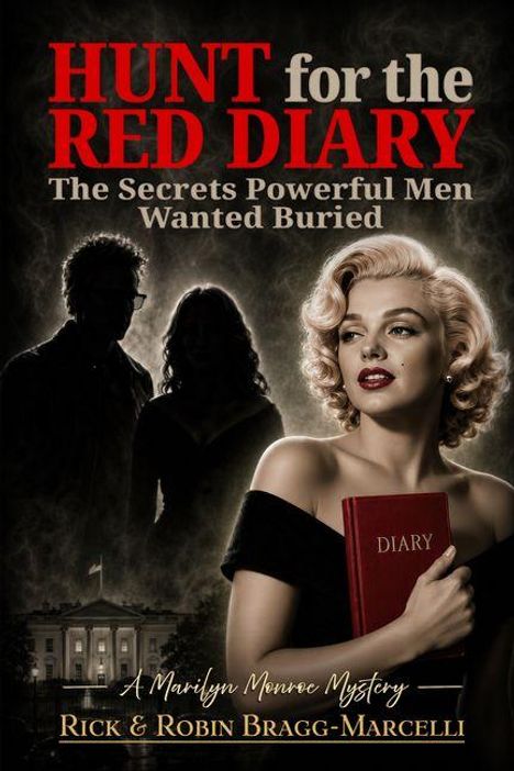 "Hunt for the Red Diary: The Secrets Powerful Men Wanted Buried." Eine Frau hält ein rotes Tagebuch, im Hintergrund Silhouetten.