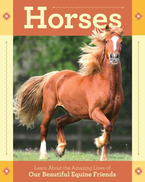„Horses. Learn About the Amazing Lives of Our Beautiful Equine Friends.“ Ein galoppierendes braunes Pferd auf einer Wiese.